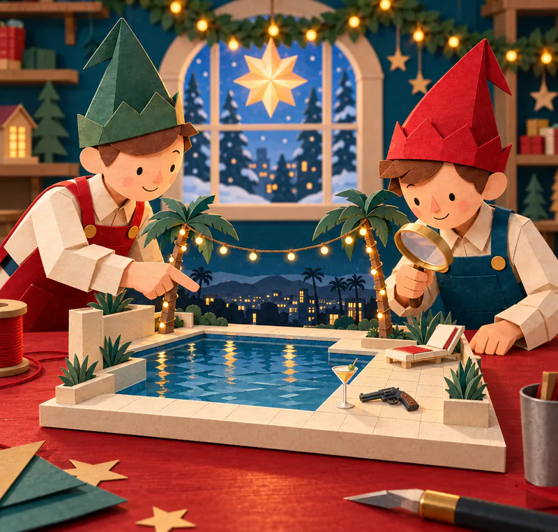 Two paper elves inspect a miniature palm-lined pool with fairy lights, a cocktail glass and a small revolver on the tiled edge.