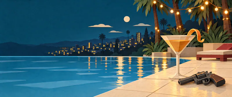 A paper cocktail glass stands beside a revolver on cream poolside tiles, with illuminated palms and a distant city beneath a dark blue sky.