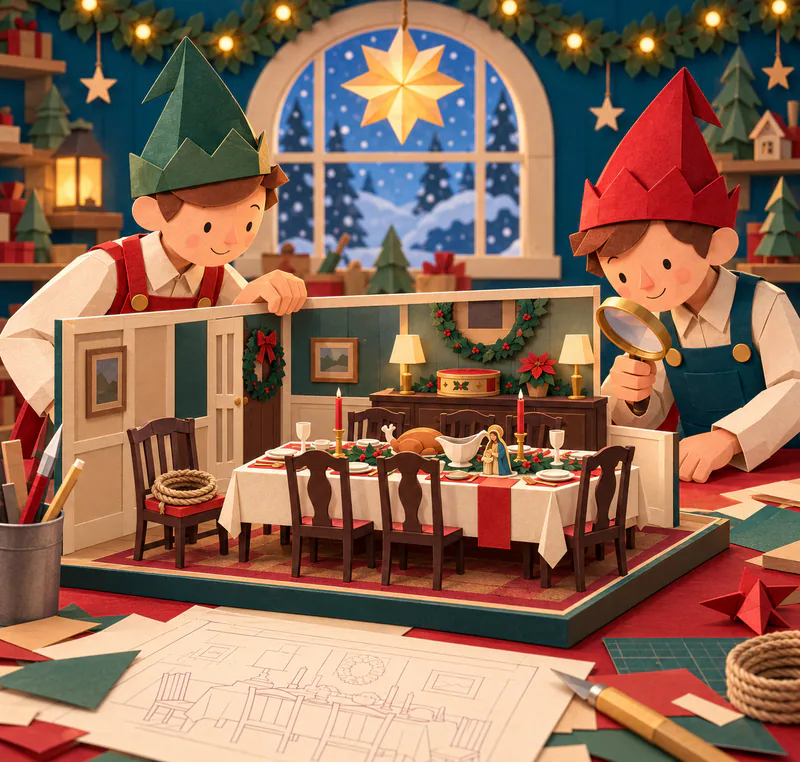 Two paper elves examine a miniature Christmas dining room on a workbench. One holds a magnifying glass above the set table, while plans and craft tools lie in front.