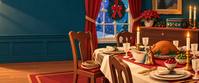 A paper Christmas dinner is arranged beside a snowy window, with candles, a roast and a nativity ornament by the gravy boat. Rope rests on a chair against a quiet teal wall.
