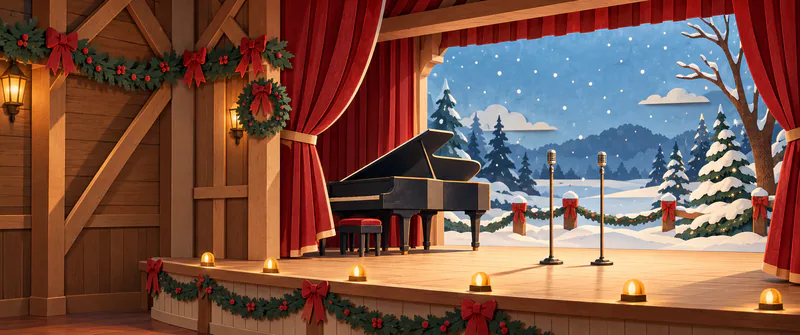 Warm lamps light a paper barn stage with red curtains, a black grand piano and two microphones, opening onto snowy fir trees and hills.