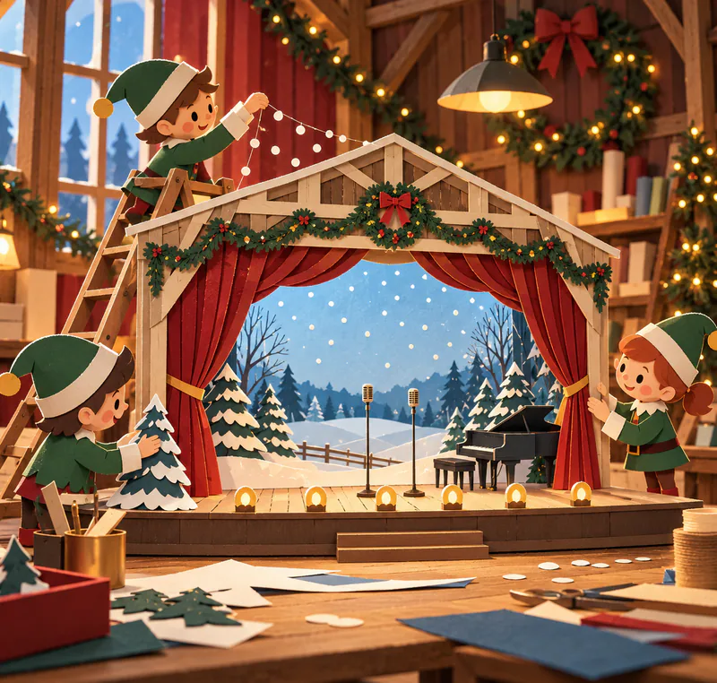 Three paper elves arrange a miniature barn theatre with red curtains, two microphones, a grand piano and a snowy backdrop beneath warm workshop lights.