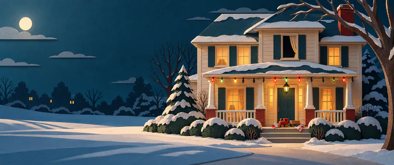 A snowy paper house has a dark upstairs window with its curtain drawn aside. Some porch bulbs are unlit, and an unwrapped red toy train sits on the front step.