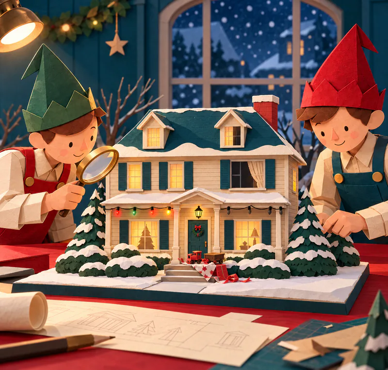 Two paper elves inspect a snowy house model with half its porch bulbs dark. A curtain is drawn aside at an unlit window, and a toy train rests on wrapping by the front door.