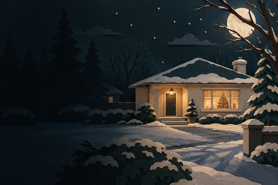 A cream paper bungalow stands beyond a dark snowy garden, with a glowing Christmas tree in one window and a small amber porch lamp.