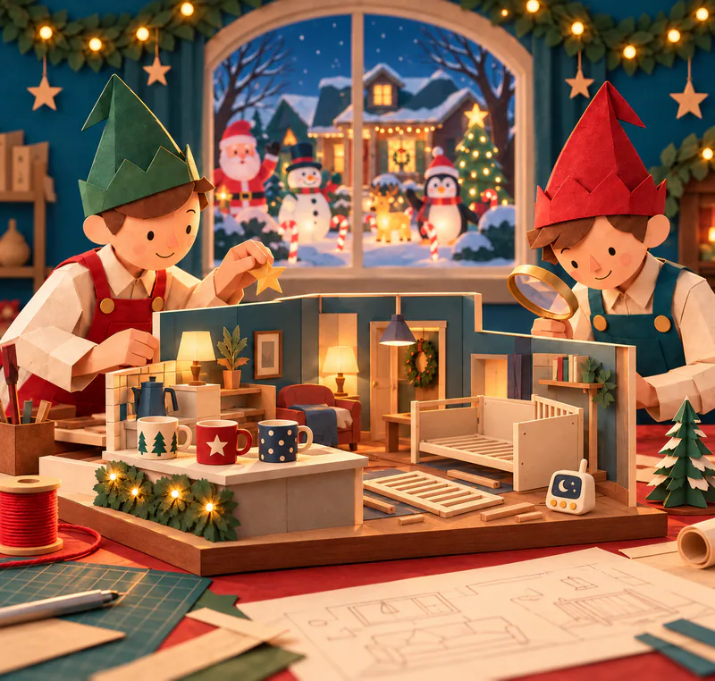 Two paper elves study a miniature kitchen with three patterned mugs, a baby monitor and a half-built cot, with festive lawn decorations beyond the workshop window.