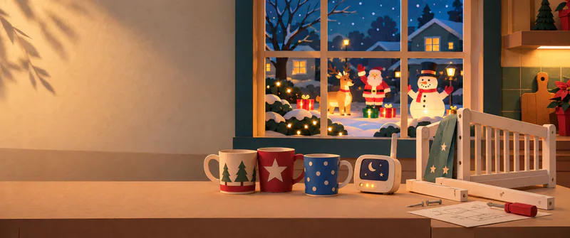 Three mismatched paper mugs sit beside a baby monitor and unfinished cot pieces, with glowing Christmas lawn decorations visible through a snowy window.