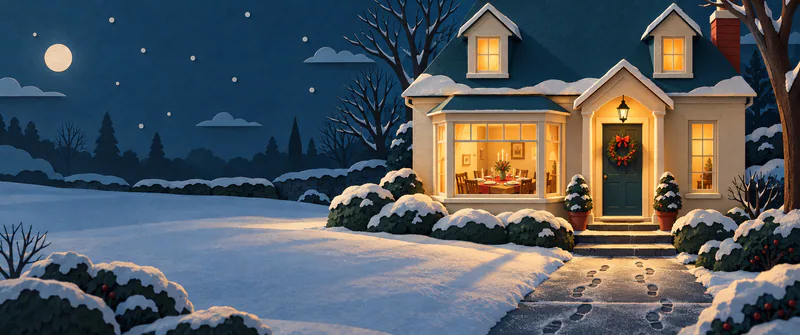 A cream house glows in a blue winter night. Its bay window shows an empty dinner table, while footprints cross a frosted path towards the teal front door.