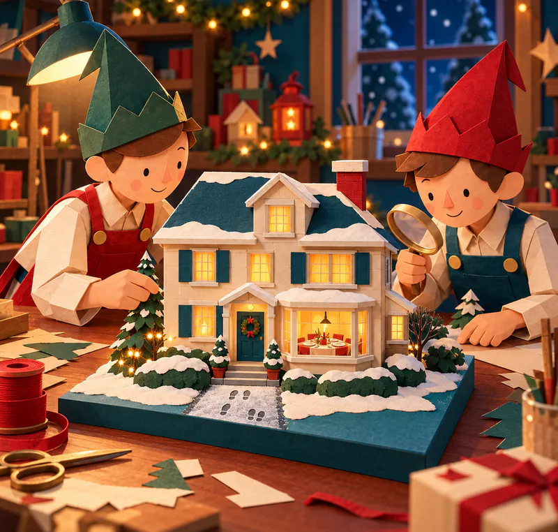Two paper elves inspect a miniature cream house. Footprints lead to its teal door, while a glowing bay window reveals a table laid for Christmas dinner.