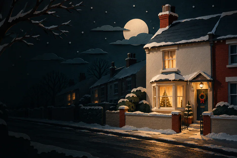A modest cream paper house glows beside a dark snowy street, with a Christmas tree in its bay window and a wreath on the front door.