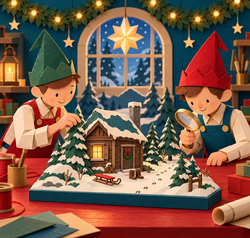 Two paper elves inspect a miniature snowy cabin among pine trees, with a glowing window, red sledge, brown boots and a trail of hoofprints.