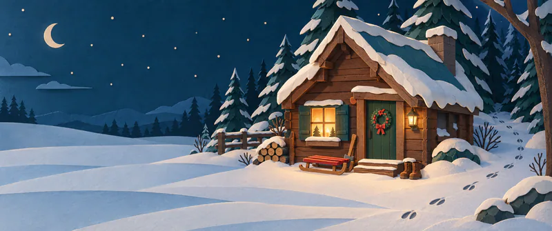 A snowy timber cabin glows among dark pines, with a red sledge and small brown boots by its green door and hoofprints winding into the forest.