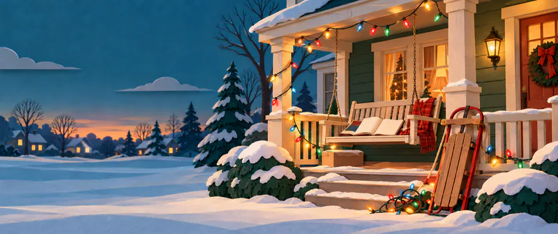A wooden sledge leans beside a snowy paper porch with tangled coloured lights. An open blank book rests on the swing as warm windows overlook a quiet winter street.