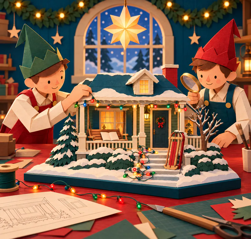 Two paper elves inspect a snowy porch model with loose coloured lights. A sledge leans by the steps, while a blank open book rests on its small wooden swing.