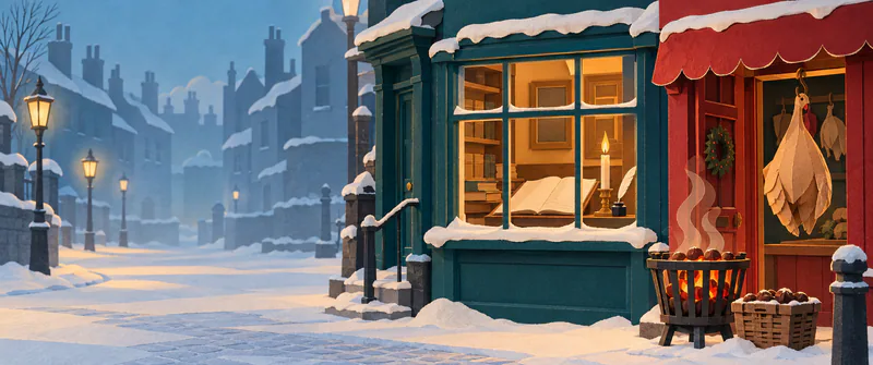 A snowy paper street leads to a candlelit ledger in a teal window, beside a steaming chestnut brazier and hanging turkey.