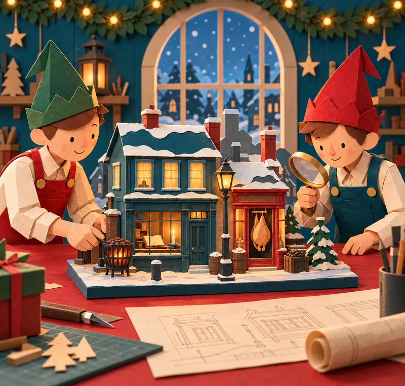 Two paper elves examine a miniature snowy street with a candlelit ledger, chestnut brazier and turkey hanging in a red doorway.