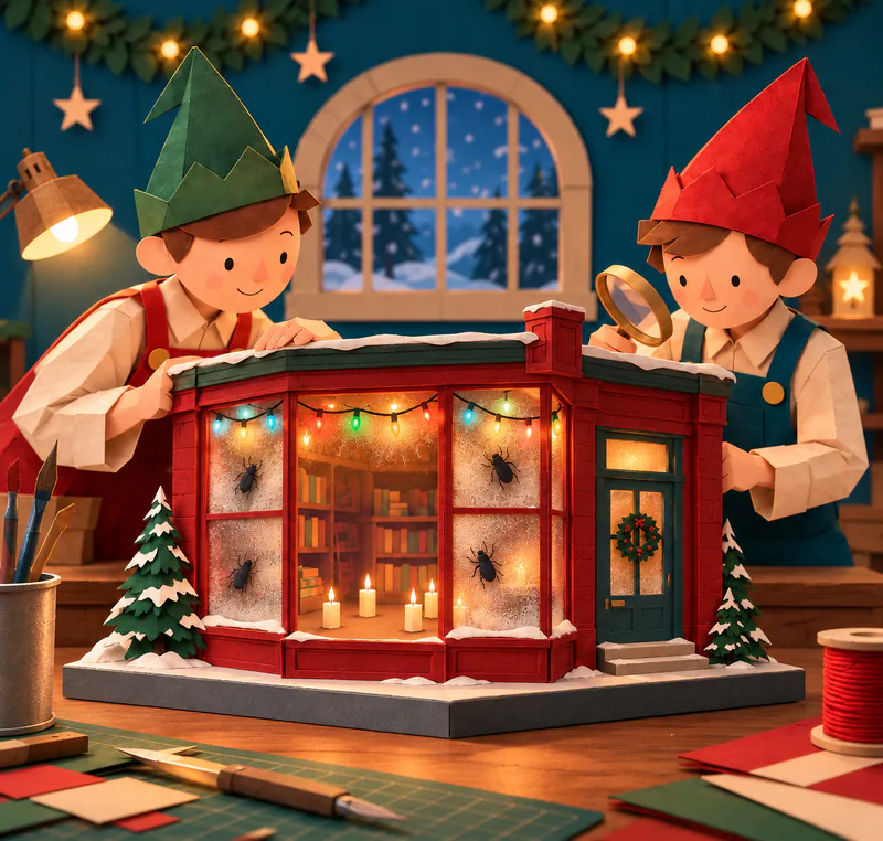 Two paper elves inspect a miniature red bookshop with frosted windows, black beetles, coloured lights and candles glowing in front of shelves of books.