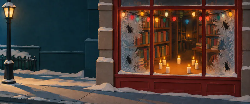 Black paper beetles cling to a frosted bookshop window, with coloured Christmas lights overhead and a ring of glowing candles between shelves of books.