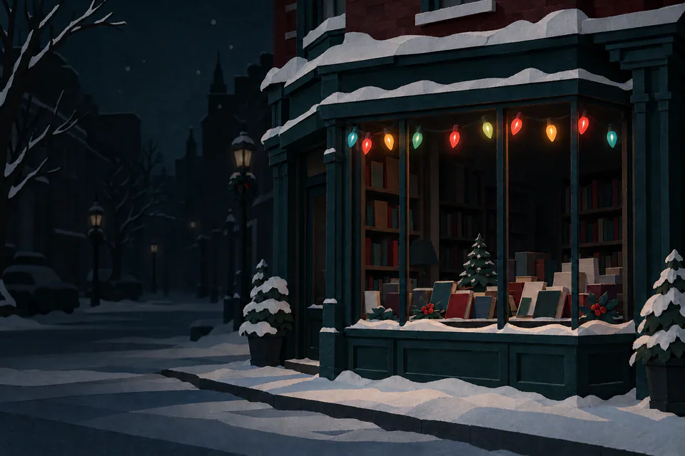 A dark paper bookshop window displays blank books beneath a single strand of coloured Christmas lights, beside a snowy deserted street.
