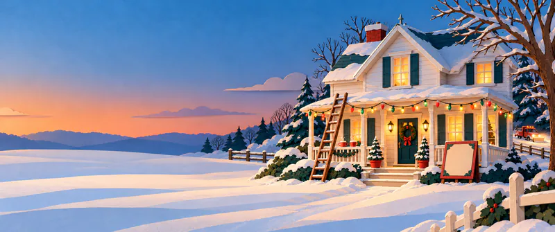 A white farmhouse glows beside open snowfields at dusk. A ladder, coloured lights, two mugs and a blank sign decorate its porch, with a snowplough passing beyond the right-hand fence.