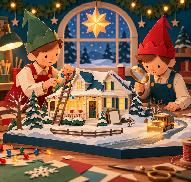 Two paper elves inspect a snowy farmhouse model with a ladder, tiny mugs, a blank sign and a snowplough. One holds coloured lights while the other examines it with a magnifying glass.