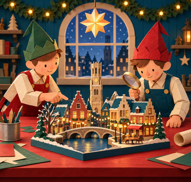 Two paper elves examine a lit miniature canal town with stepped gables, a bell tower, stone bridge and a tiny café table holding two drinks.