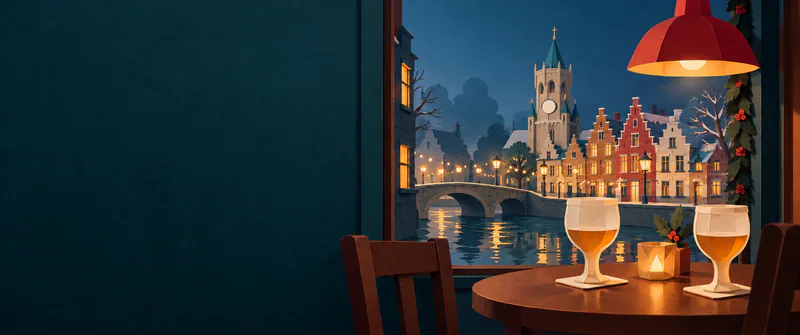 Two half-finished amber drinks sit on a paper café table overlooking a canal, arched bridge and bell tower, with deep teal shadows to the left.