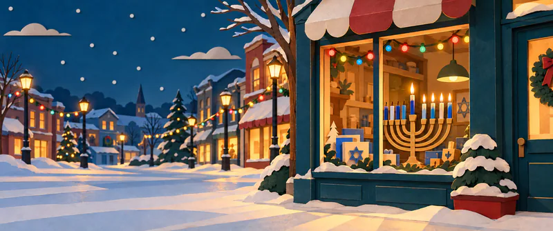 A partly lit Hanukkah menorah stands beneath coloured lights in a warm shop window, overlooking an empty snowy paper town at night.