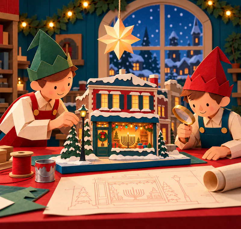 Two paper elves inspect a snowy shop model with a menorah and coloured window lights, above drawing plans on a warm workshop bench.