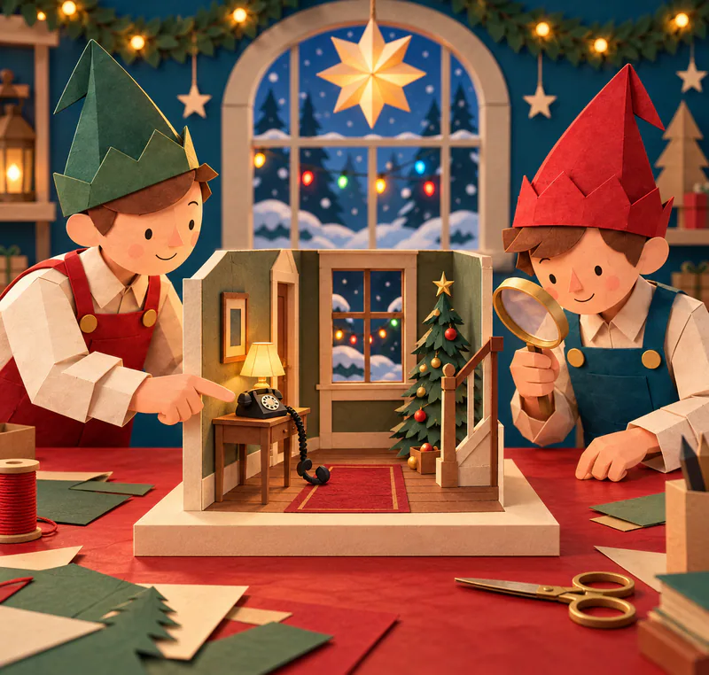 Two paper elves inspect a miniature hallway with a rotary telephone, dangling receiver, Christmas tree and snowy window.