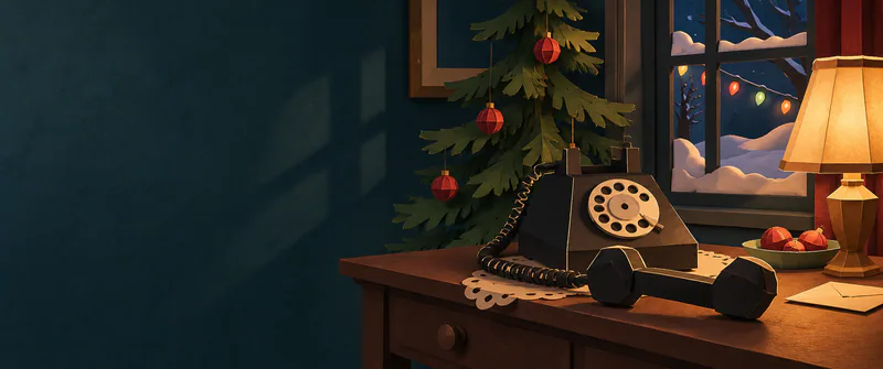 An off-hook black rotary telephone rests on a hallway table beside an amber lamp, a sparse Christmas tree and a snow-banked window.