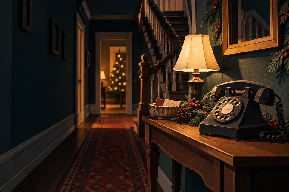 A black paper rotary telephone sits beside an amber lamp and festive greenery in a dark hallway, with a Christmas tree beyond.