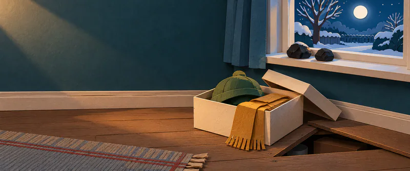 An open shoebox holds a green paper hat and amber scarf beside lifted floorboards. Coal rests on a windowsill overlooking a snowy moonlit garden.