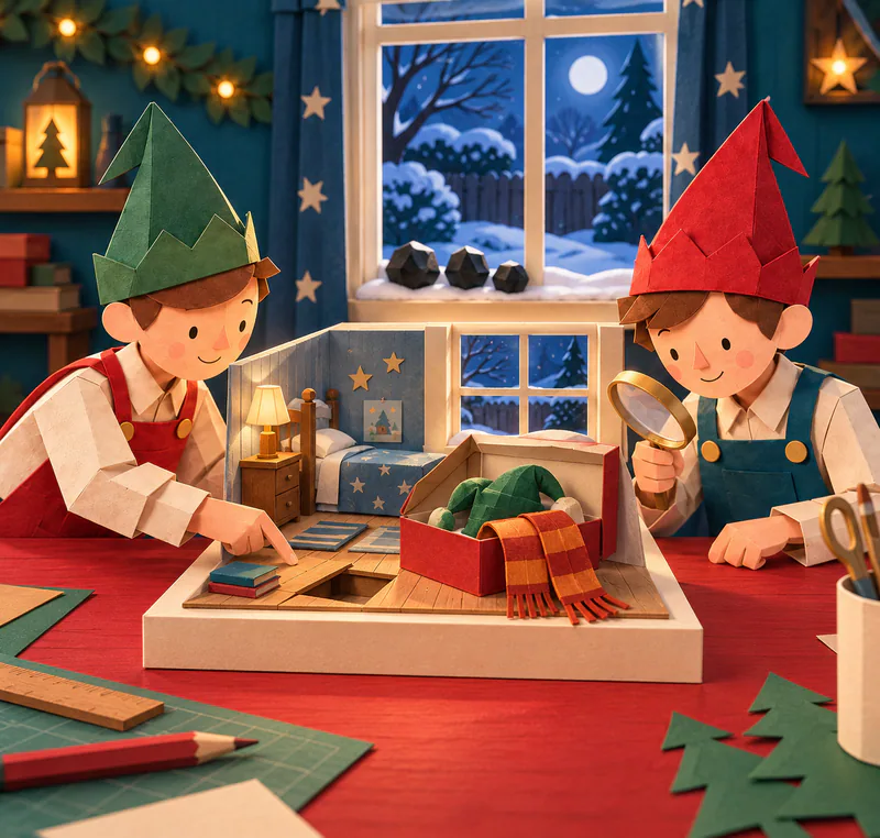 Two paper elves inspect a miniature bedroom with lifted floorboards and an open box holding a green hat and striped scarf, beneath a snowy garden window.