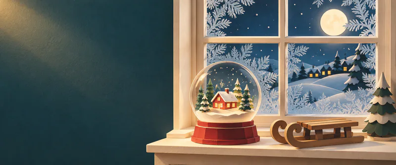 A red-based snow globe and paper toy sledge sit beneath a frosted window overlooking snowy cottages and a full moon, beside a quiet teal wall.