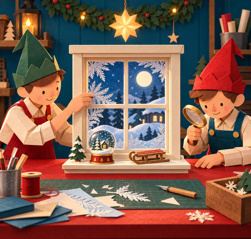 Paper elves study a miniature moonlit window with fern-like frost, a snow globe and toy sledge, surrounded by cut-paper shapes on a workbench.