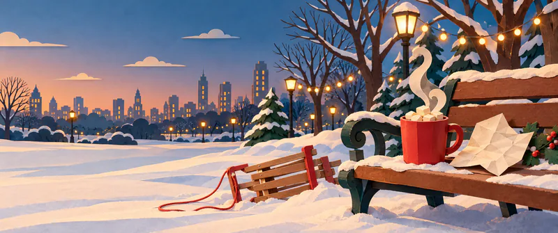 A red mug of hot chocolate and crumpled blank letter rest on a snowy park bench, beside a tipped sledge beneath warm strings of lights.