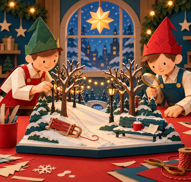 Two paper elves inspect a miniature snowy park with festive lights, a tipped sledge and a bench holding a tiny red mug and blank letter.