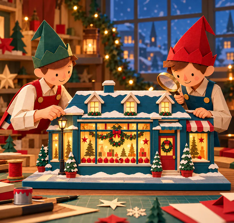 Two paper elves inspect a miniature snowy shop with a magnifying glass. Red baubles, including a broken one, line its glowing Christmas window.