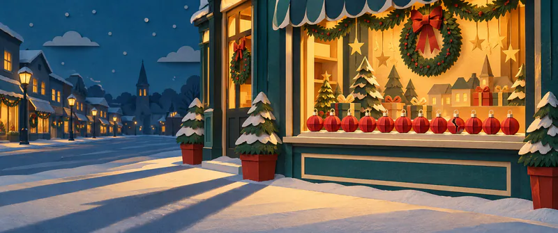 A row of red baubles, one cracked, sits beneath a wreath in a warm shop window. Long shadows cross the snowy pavement of an empty night-time street.