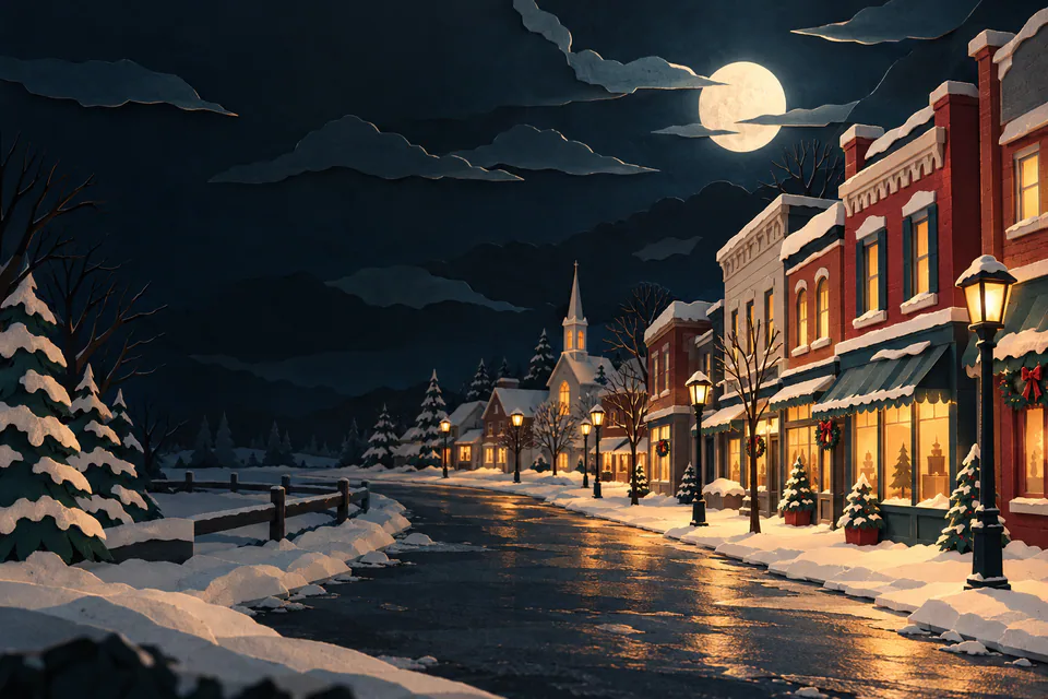 An empty paper main street curves past snowy shopfronts with amber windows and wreaths, beneath a moonlit sky and layered dark clouds.