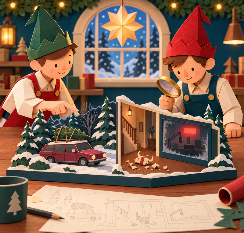 Two paper elves inspect a miniature car carrying a fir beside a hallway with a broken horned ornament and a red-lit studio window.