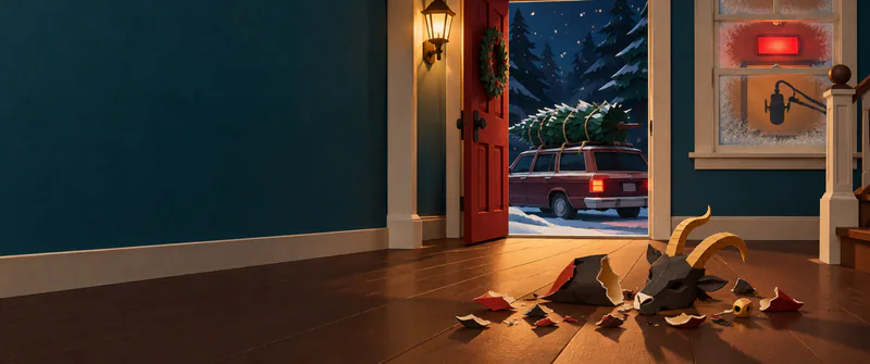 A broken horned paper ornament lies on a hallway floor, with a fir-topped car outside and a red lamp glowing through a frosted studio window.