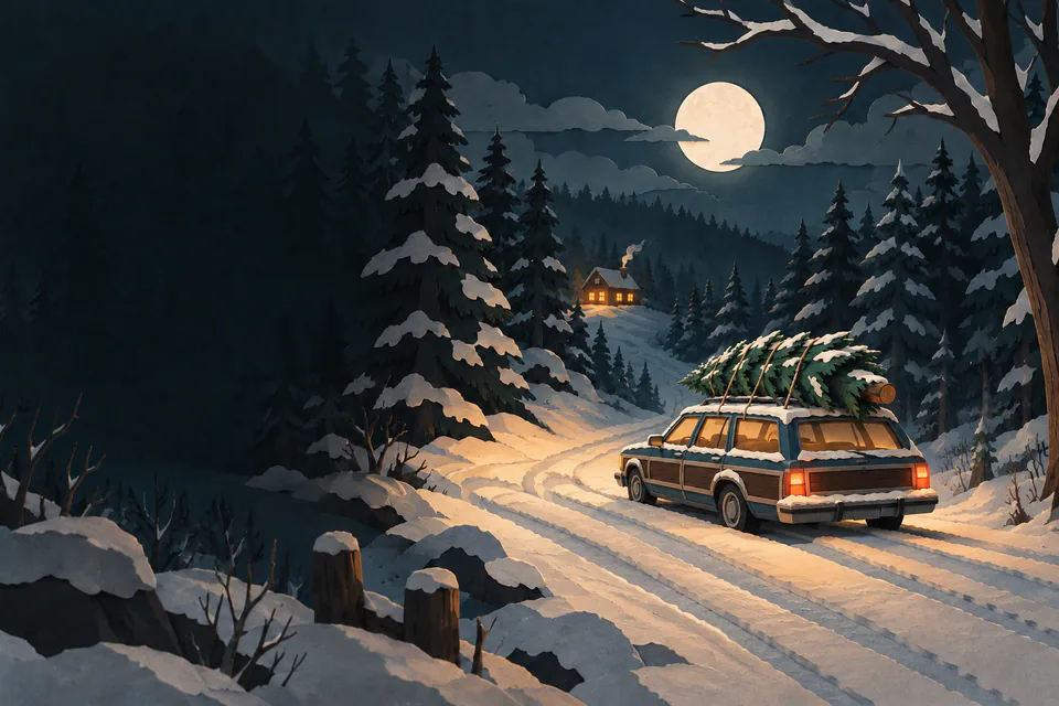 A paper estate car carries a fir tree through a moonlit snowy forest, with amber windows glowing in a distant cabin and deep shadows to the left.