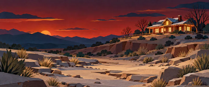 A wide paper desert landscape stretches beneath a red sunset, with a dry creek in the foreground and a Christmas-lit ranch on the right.