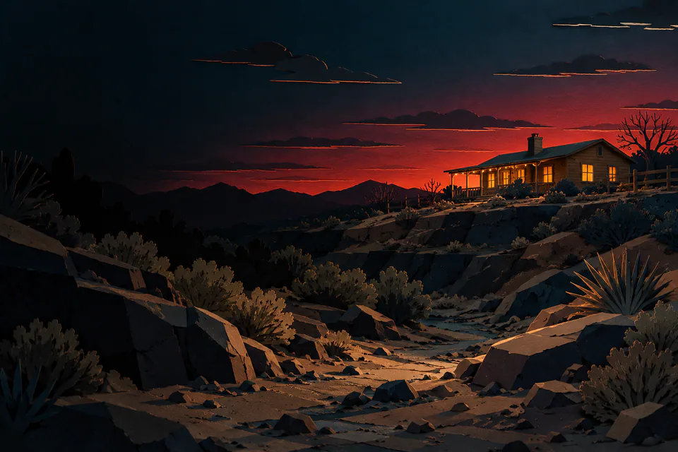 A dry paper creek winds beneath a remote ranch house with Christmas lights, silhouetted against a dark red dusk sky.