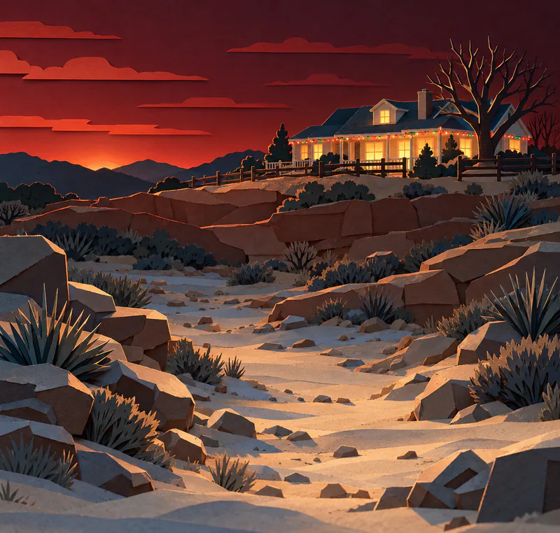 A sandy paper creek winds between angular rocks and desert plants towards a ranch house lit for Christmas under a red evening sky.