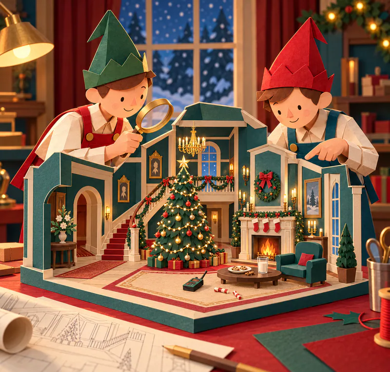 Two paper elves study a miniature teal mansion room with a magnifying glass. A tall Christmas tree, fireplace, cookies, toy radio and broken candy cane fill the model.