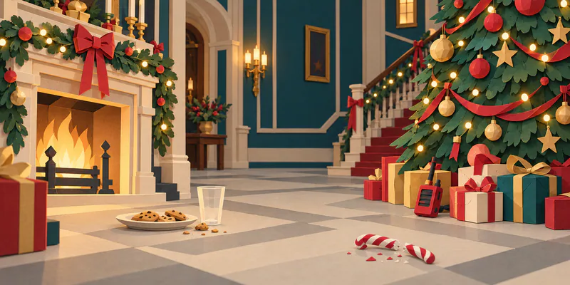Cookies and an empty glass sit by a paper mansion hearth. A red toy walkie-talkie rests beneath a decorated tree, and a broken candy cane lies on the tiled floor.