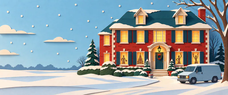 A red paper house with glowing windows and party silhouettes stands beside a plain blue-grey van, with snow-covered shrubs and an open snowy garden to the left.